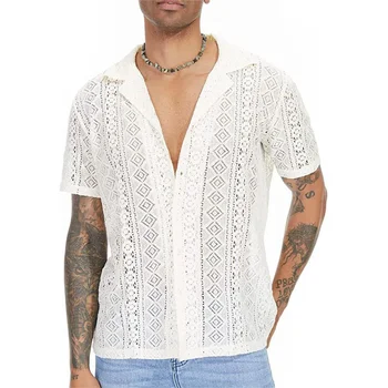 Men ' s Cămașă Nouă Vară de Moda Dantelă cu Mâneci Scurte Vrac Casual T-shirt Streetwear Barbati Topuri Ropa De Hombre Combinezon