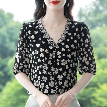 2023 Vara Brodate Tricou V-Neck Maneca Scurta Florale Imprimate Topuri V Gât Liber Casual Pentru Femei Bluza Șifon