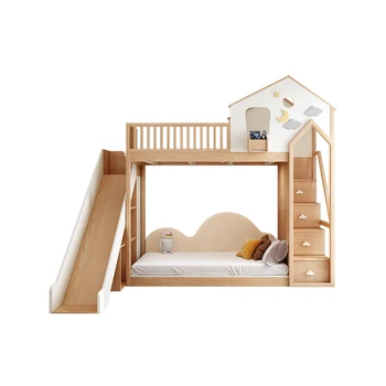 Pentru copii din lemn masiv de copac pat jurnal de vânt crescute de pat de Înaltă și joasă, cu tobogane paturi Supraetajate pot fi personalizate