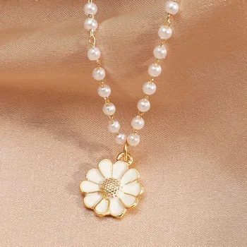 Coreeană Elegant Mic Daisy Floare Pandantiv Colier pentru Femei Boem Alb Imitații de Perle de Floarea-soarelui Cravată Coliere Bijuterii