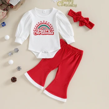 Copil nou-născut Fete de Craciun Seturi de Îmbrăcăminte Scrisoare de Imprimare Maneca Lunga O-gât Costume+Catifea Pantaloni Flare+Pălării de Crăciun Utilaje