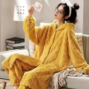 Toamna Iarna Femei Cu Glugă Seturi De Pijama Ciufulit Cald Coral Flanel Sleepwear Set Solid De Sex Feminin Lung Gros Moale Drăguț Îmbrăcăminte De Noapte