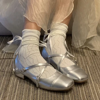 Noi Square Toe Pantofi De Balet De Moda Low-Toc Pantofi Mary Jane Casaul Cruce De Argint Cataramă Superficial Talpă Moale Pantofi