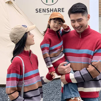Retro Roșu Jumătate de Înaltă Gât Pulover Tricotate Părinte-copil 2023 Nou Stil Hong Kong Top Potrivire Familie Tinutele Mama Copii