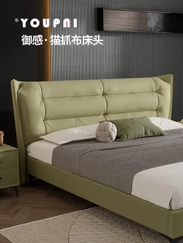 Moale pat simplu, dormitor modern, podea dubla din lemn masiv înapoi
