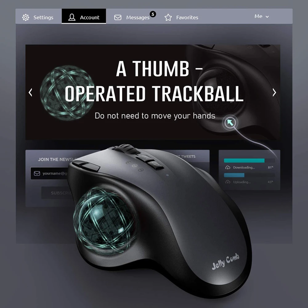 Jeleu Pieptene Reîncărcabilă Trackball-ul Mouse-ul Bluetooth+2.4 G Dual Mode Wireless Mouse-ul pentru Mac Calculator, Laptop, Tableta Gamer Mause