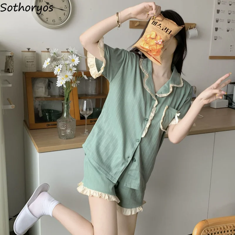 Pijama Seturi pentru Femei Volane Creativitatea Casual Bază All-meci de zi cu Zi Simplu coreeană Stil Elegant Minunat Vintage Delicata de Vara